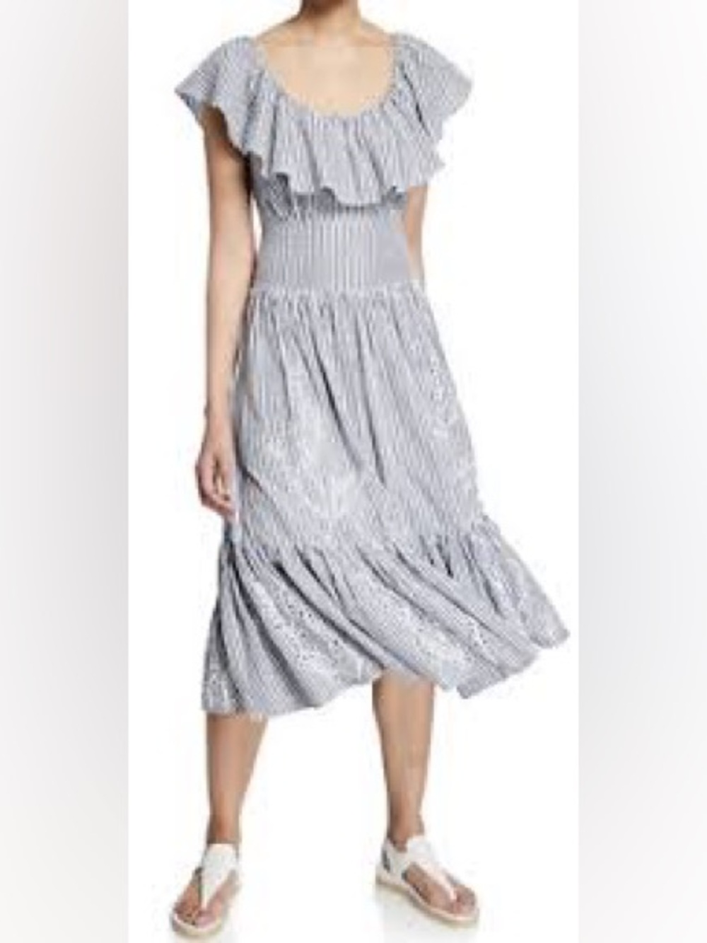Tory Burch Blue and White Striped Ruffle Midi Dress